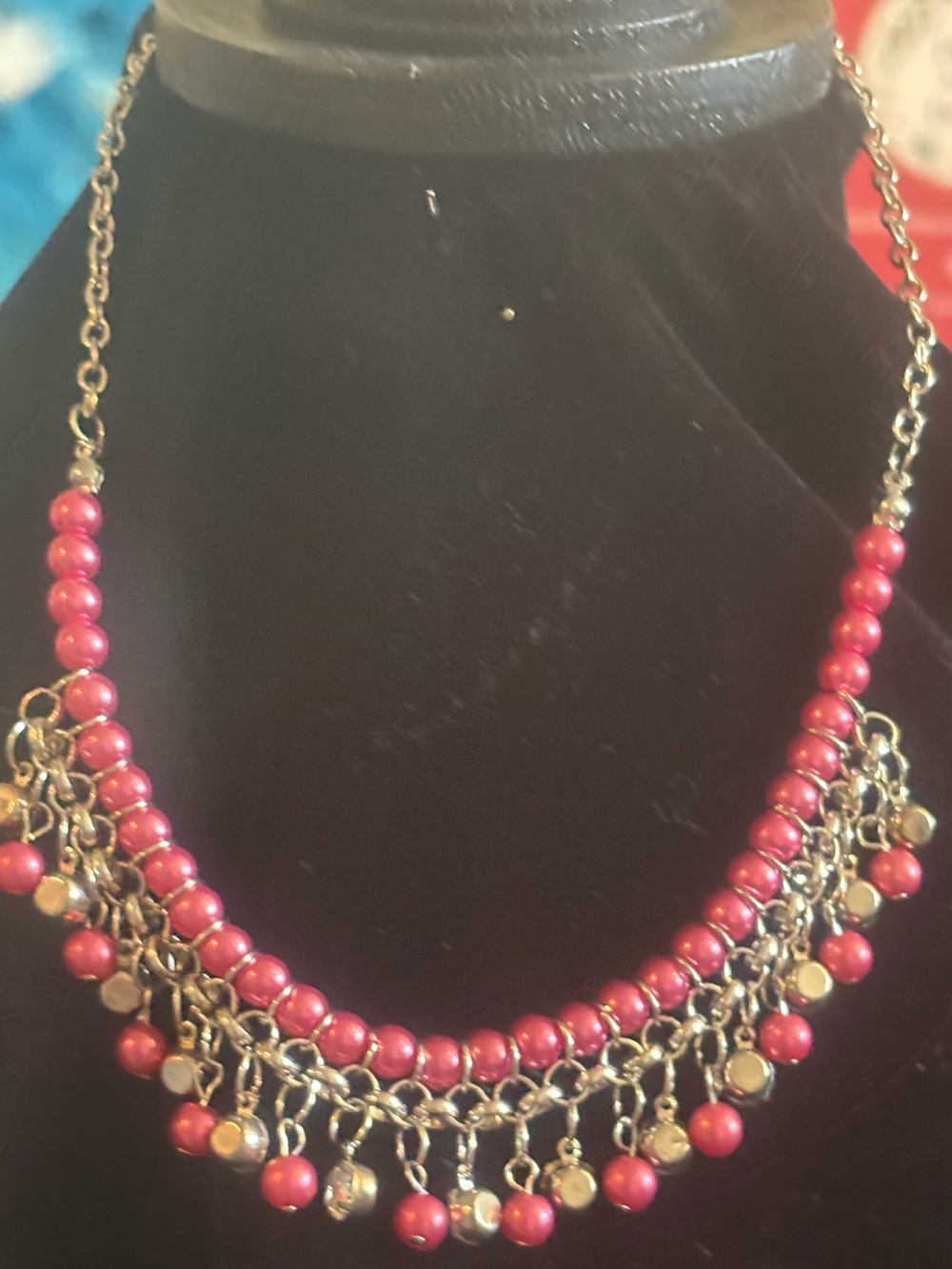 Silver Tone Necklace with Pink Beads - Women Jewelry